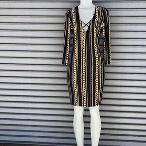 Uptown Black and Gold Long Sleeve Bodycon Dress with Plunge Neckline Size L